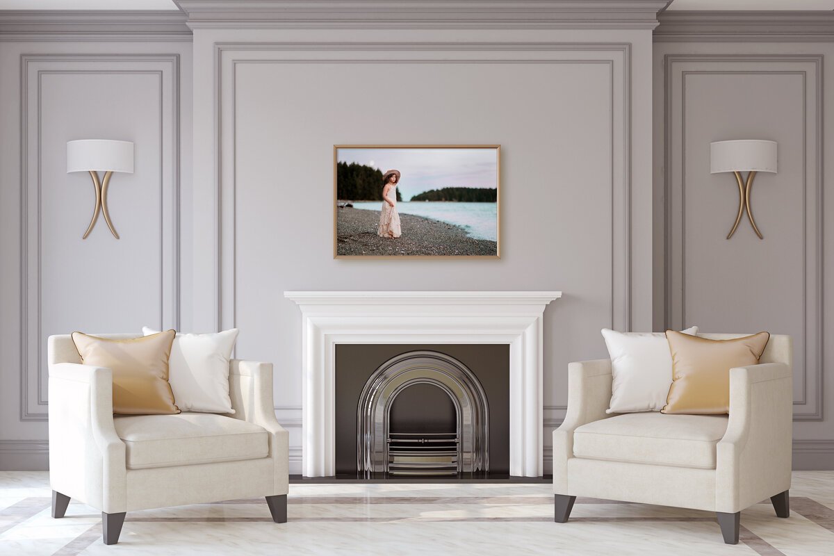 Photo of little girl on the beach by Vancouver photography Kindred Photography hanging above a fireplace
