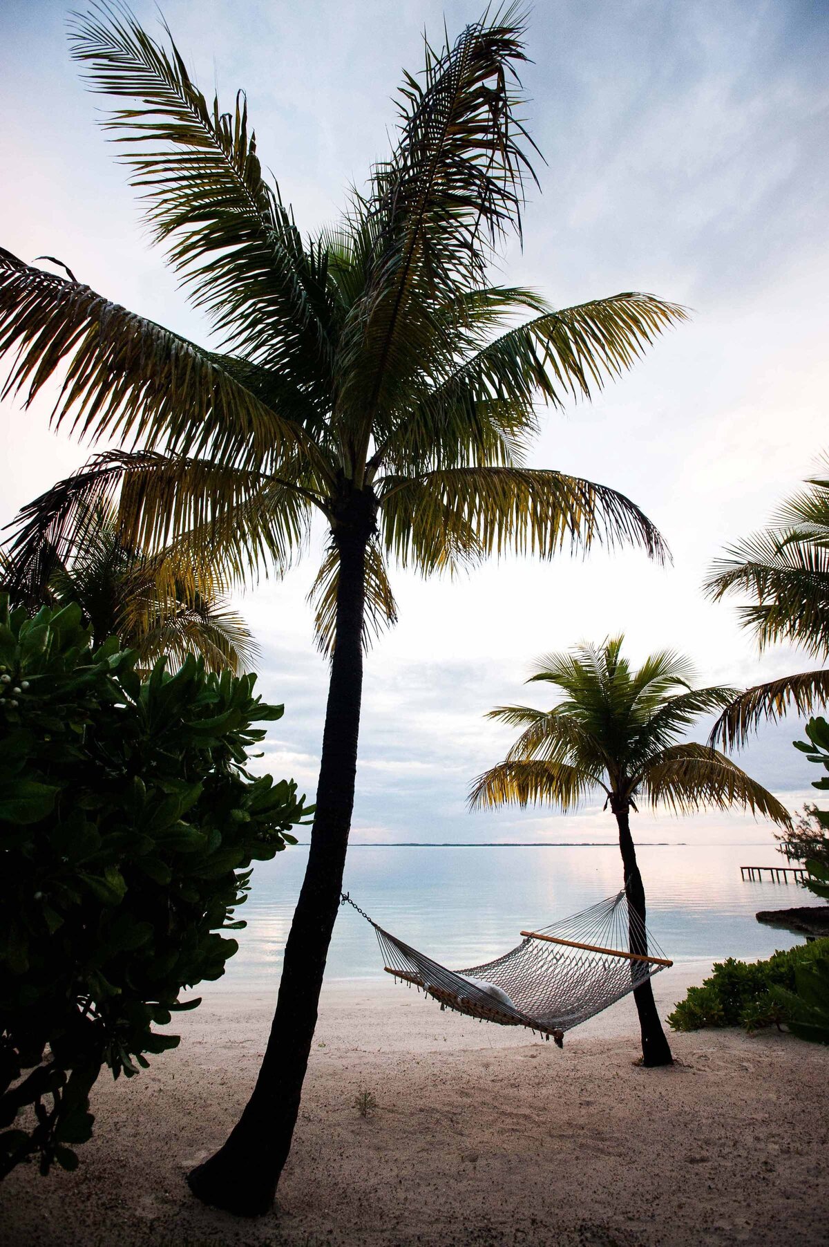 A Hammock hangs between two palm trees on Harbour Island Bahamas in the afternoon near the calm water