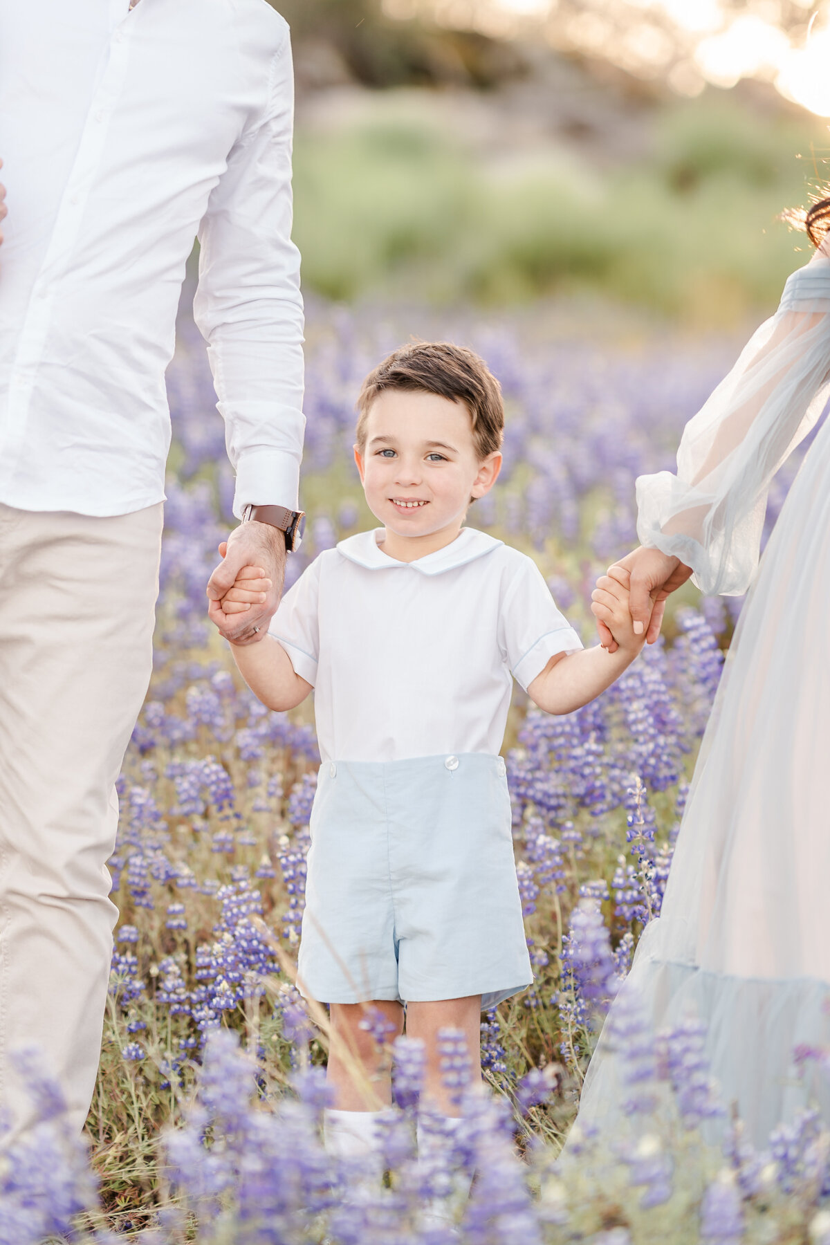 A young boy stands in a field of purple lupines holding his parents' hands while smiling photographed by bay area photographer, Light Livin Photography.