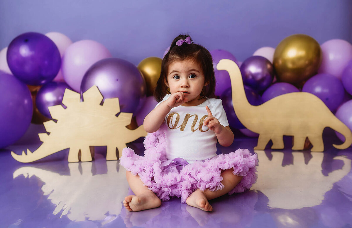 Little girl poses for first birthday cake smash portraits at Asheville, NC photography studio.