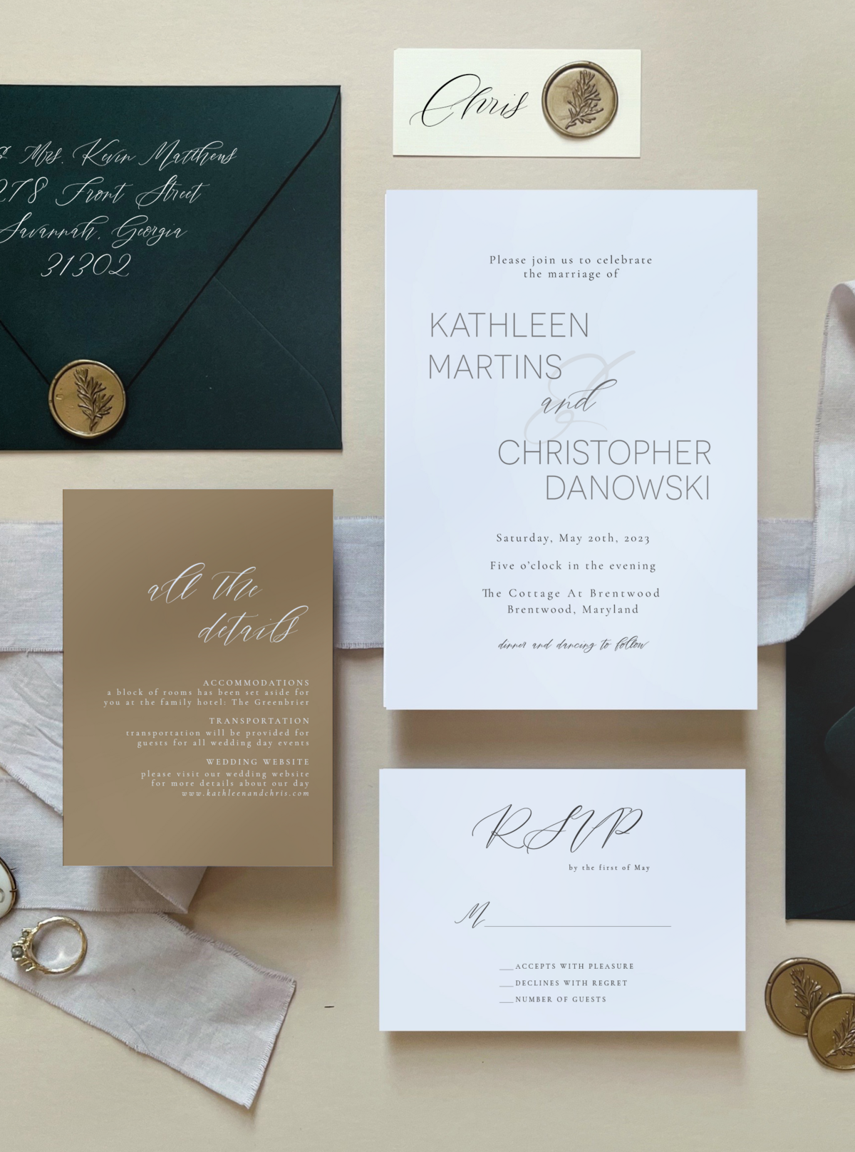 Jewel toned invitation suite with gold wax seal detail