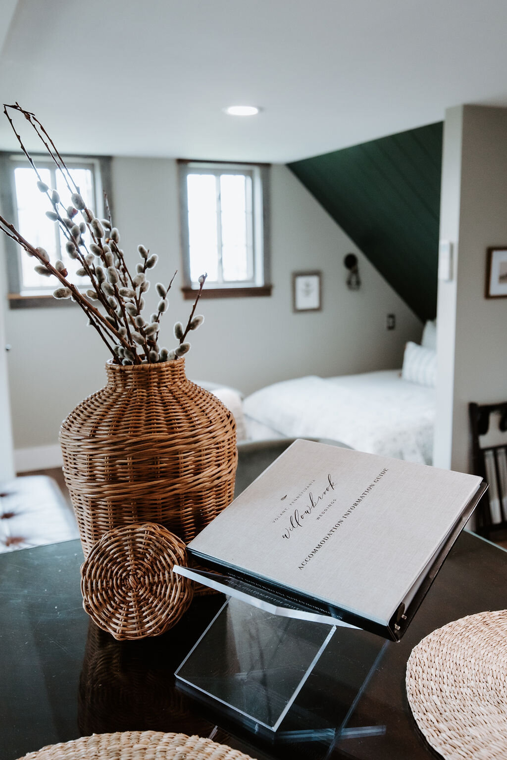 the second story overnight studio suite at Willowbrook wedding venue with a view o the kitchenette