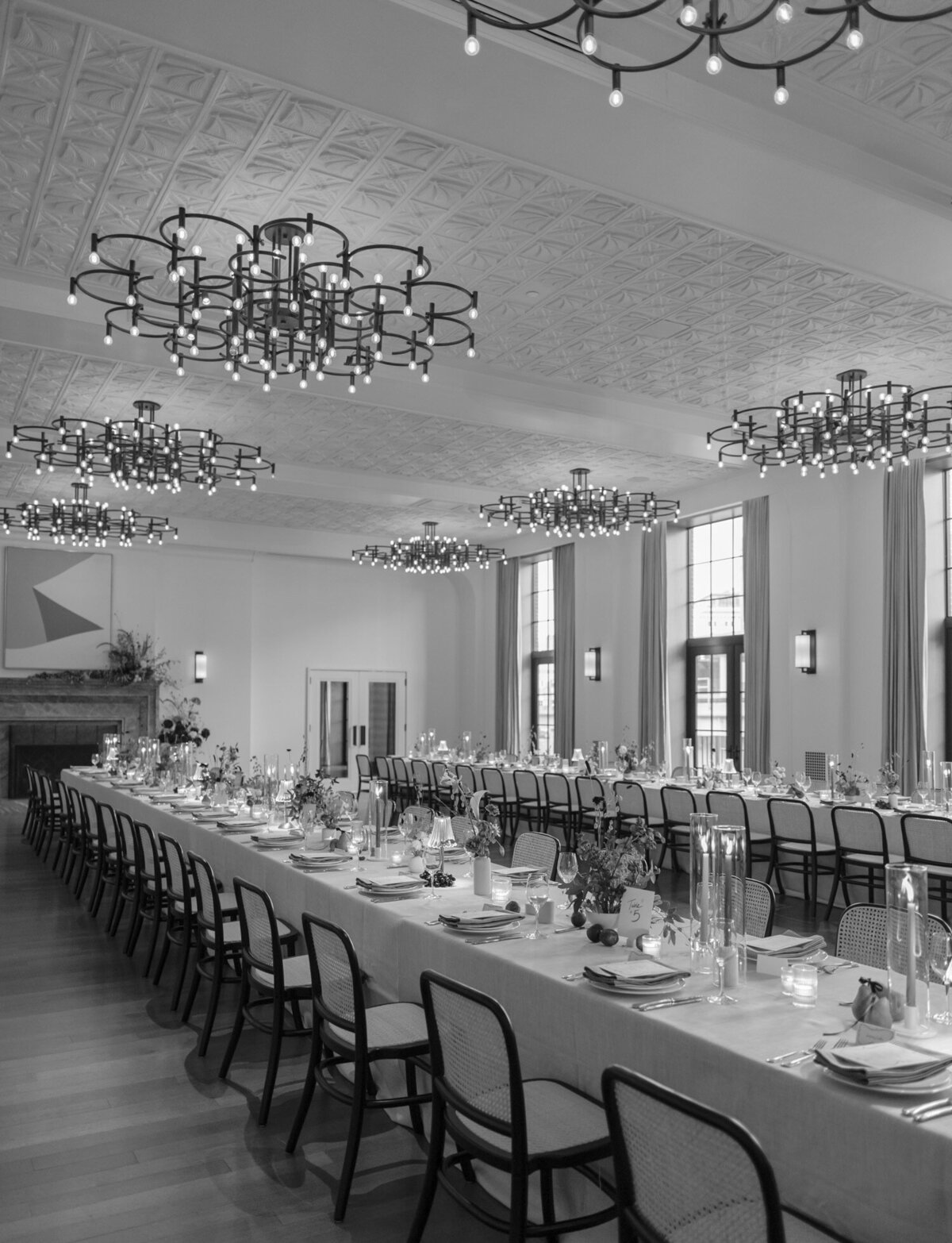 black and white fall wedding reception at Shinola Hotel, Detroit