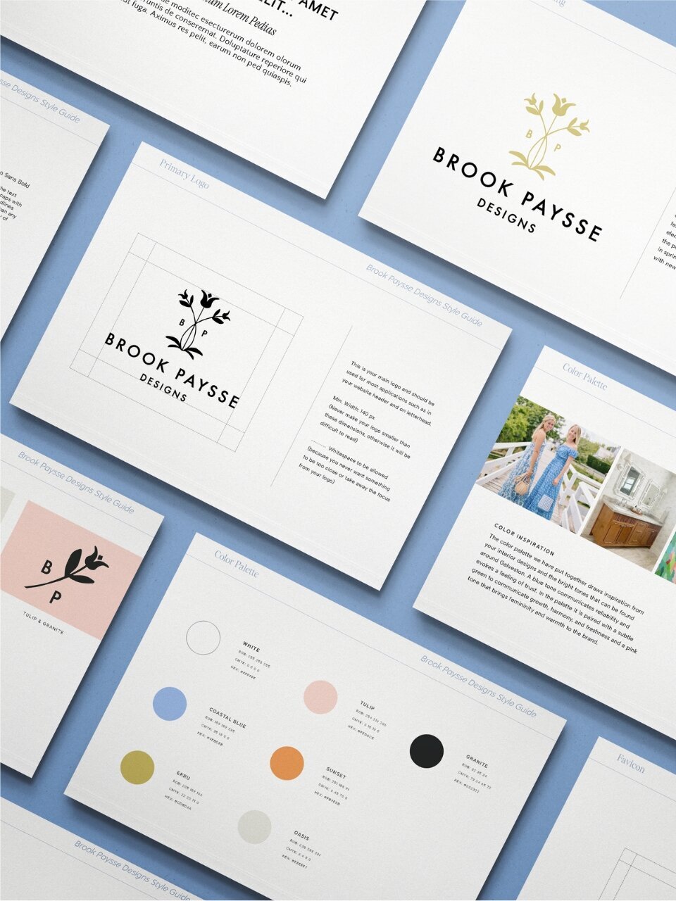 Flatlay of Brook Paysse Designs brand guidelines, including logo variations, color codes, typography, and mood board imagery.