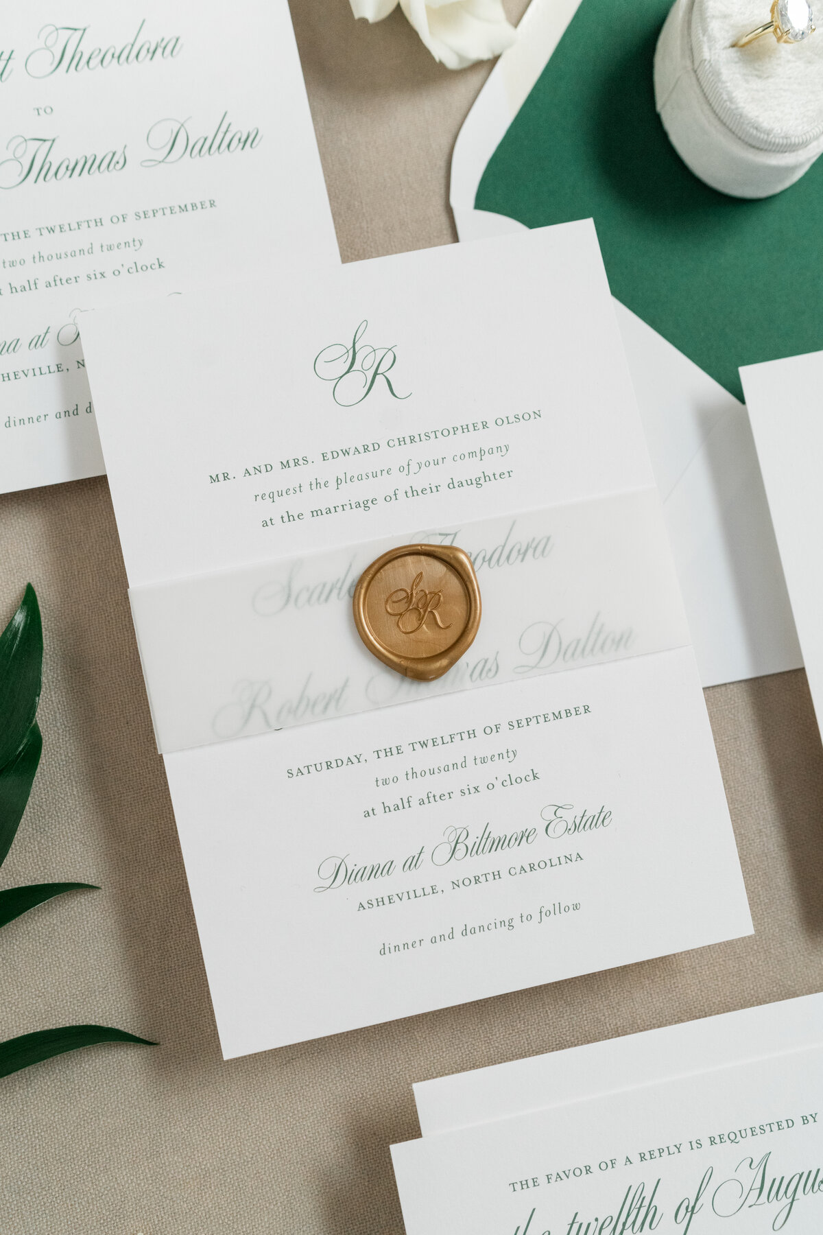 Classic Forest Green Semi-Custom Wedding Invitation with Vellum Belly Band and Gold Wax Seal