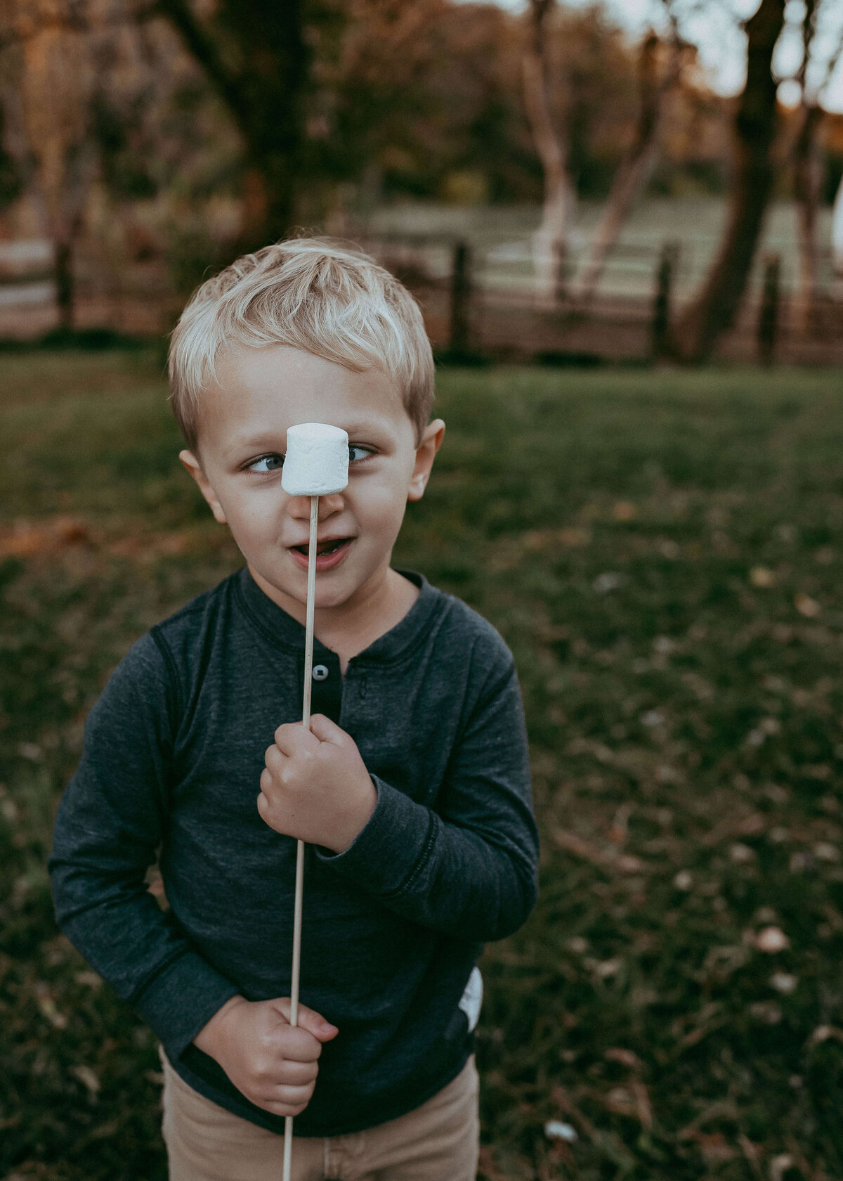 A four year old boy makes a goofy face while holding a marshmallow on a stick in front of his nose during a Denver family photography session.