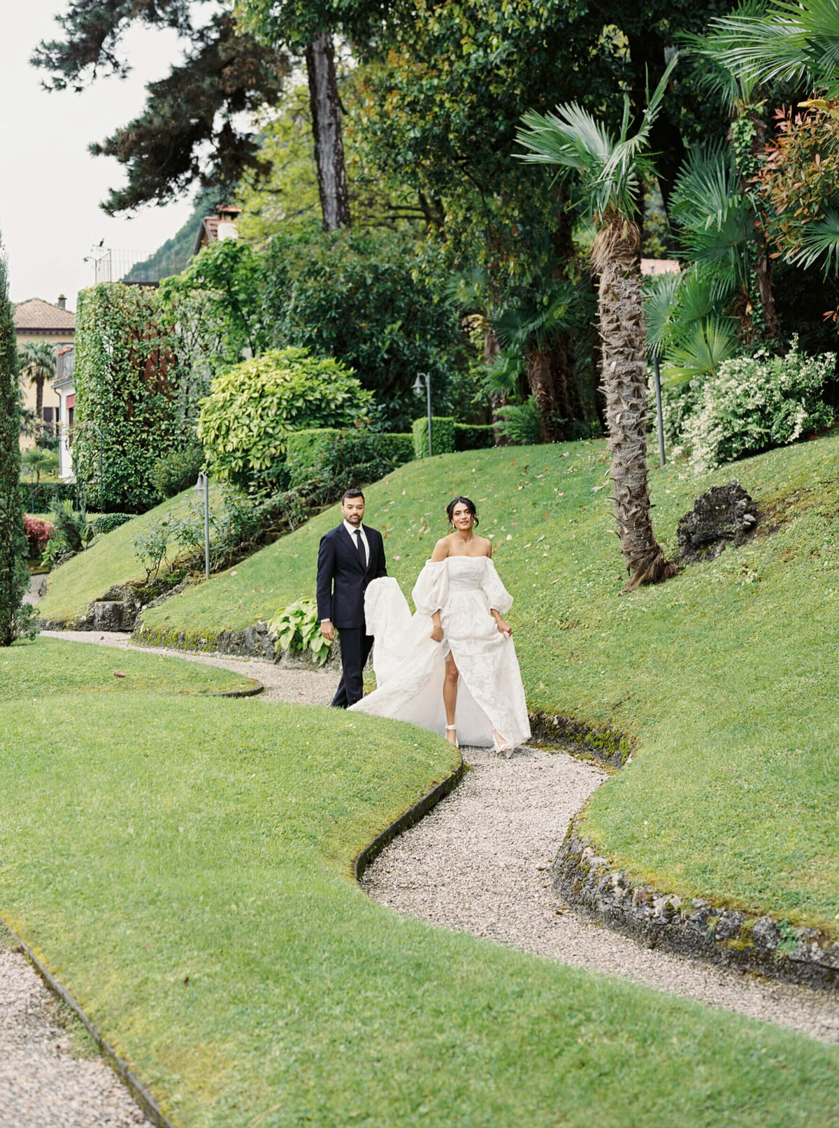 A wedding day photo of the bride and groom at Villa Aura del Lago on Lake Como in Italy