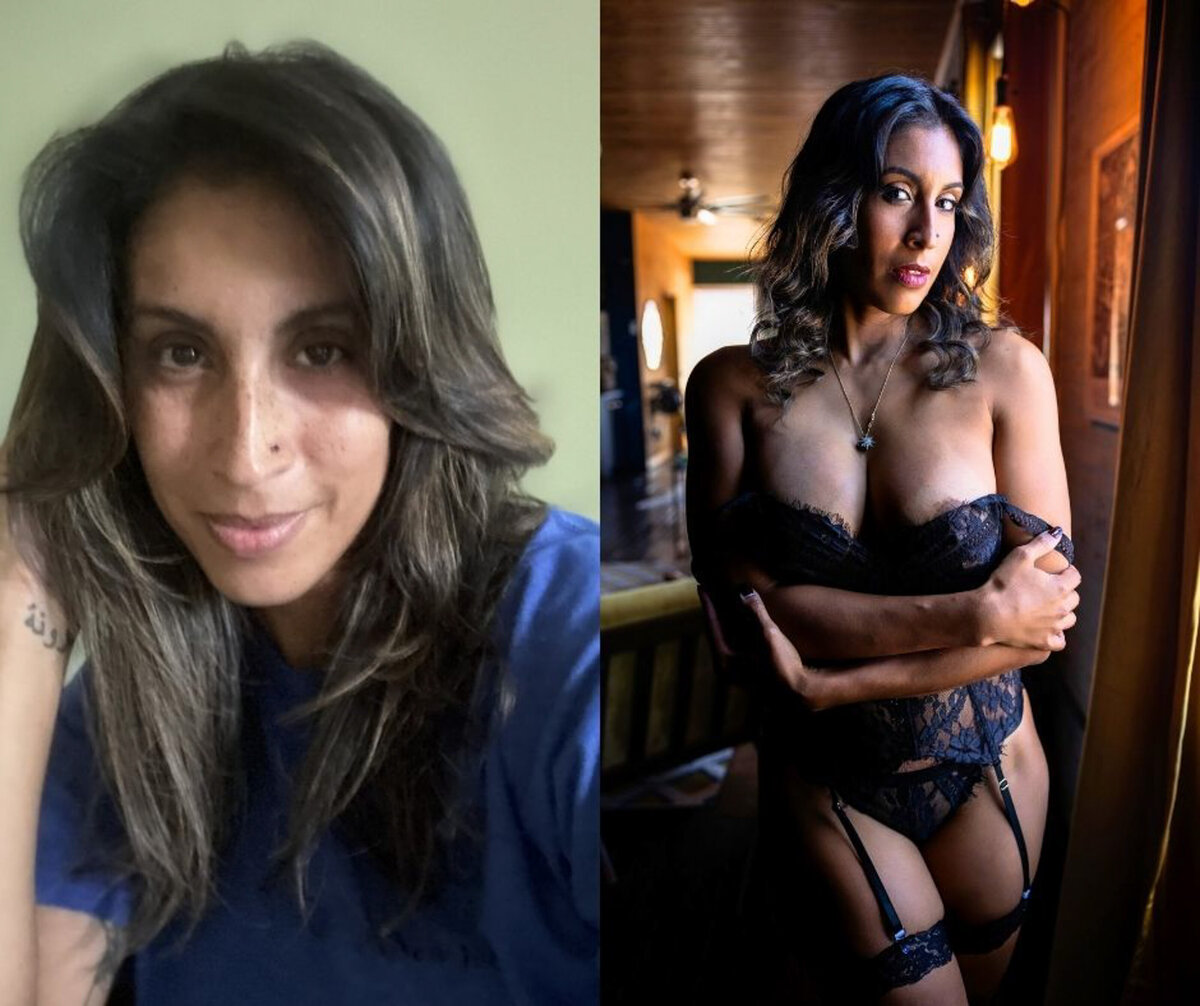 A woman in a blue shirt leans over smiling next to her standing in a window with arms crossed in blue lace lingerie