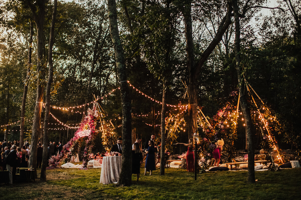 guests at outdoor wedding reception details with lights and teepee