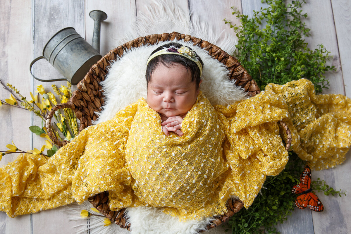 Spring themed newborn portrait with yellow drape, flowers and watering can