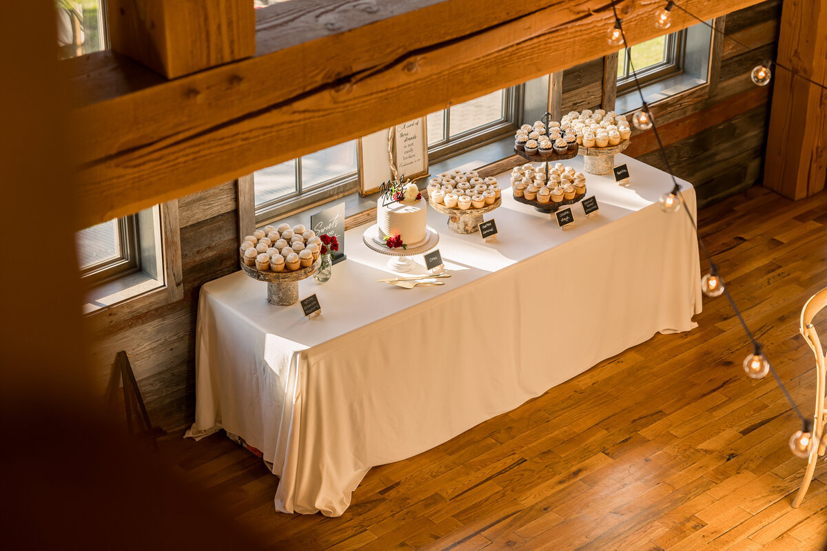 Cake table at Gathered Oaks wedding venue in Alexandria MN