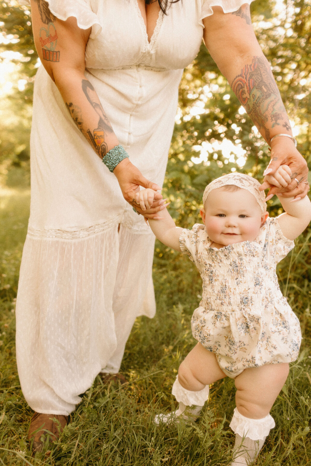 Parents and children in coordinated outfits during Nashville TN outdoor family portraits
