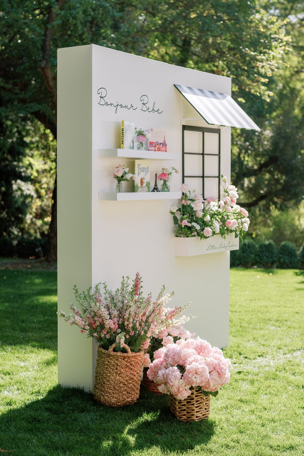 flower baskets, baby girl baby shower, backdrop