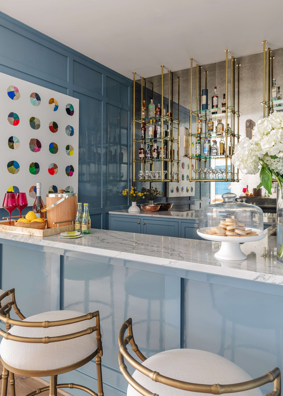 oyster creek studios memorial new build blue bar area with golden stools