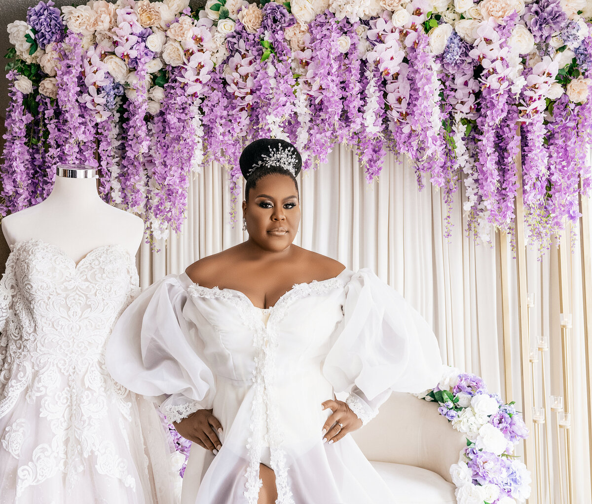 bride with purple flowers