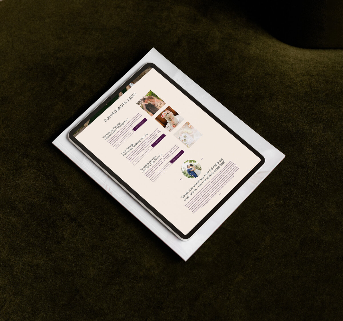 A tablet displaying a web page with images and text is placed on top of a closed white envelope, resting on a dark green surface. The page portrays stunning showit website design for wedding planners, highlighting the seamless blend of elegance and functionality.