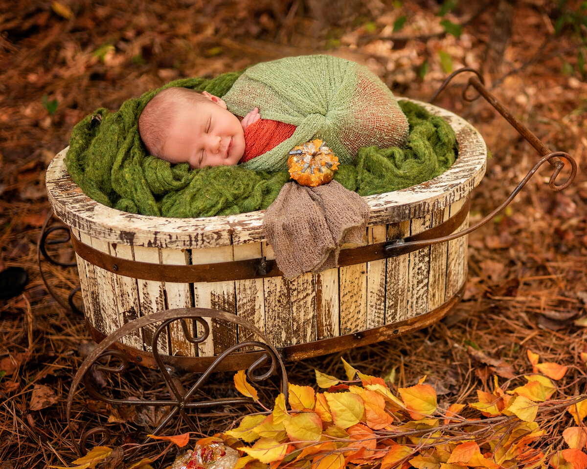 Outdoor newborn session in the fall leaves.  Baby boy is wrapped in orange and green and asleep in a vintage wagon.