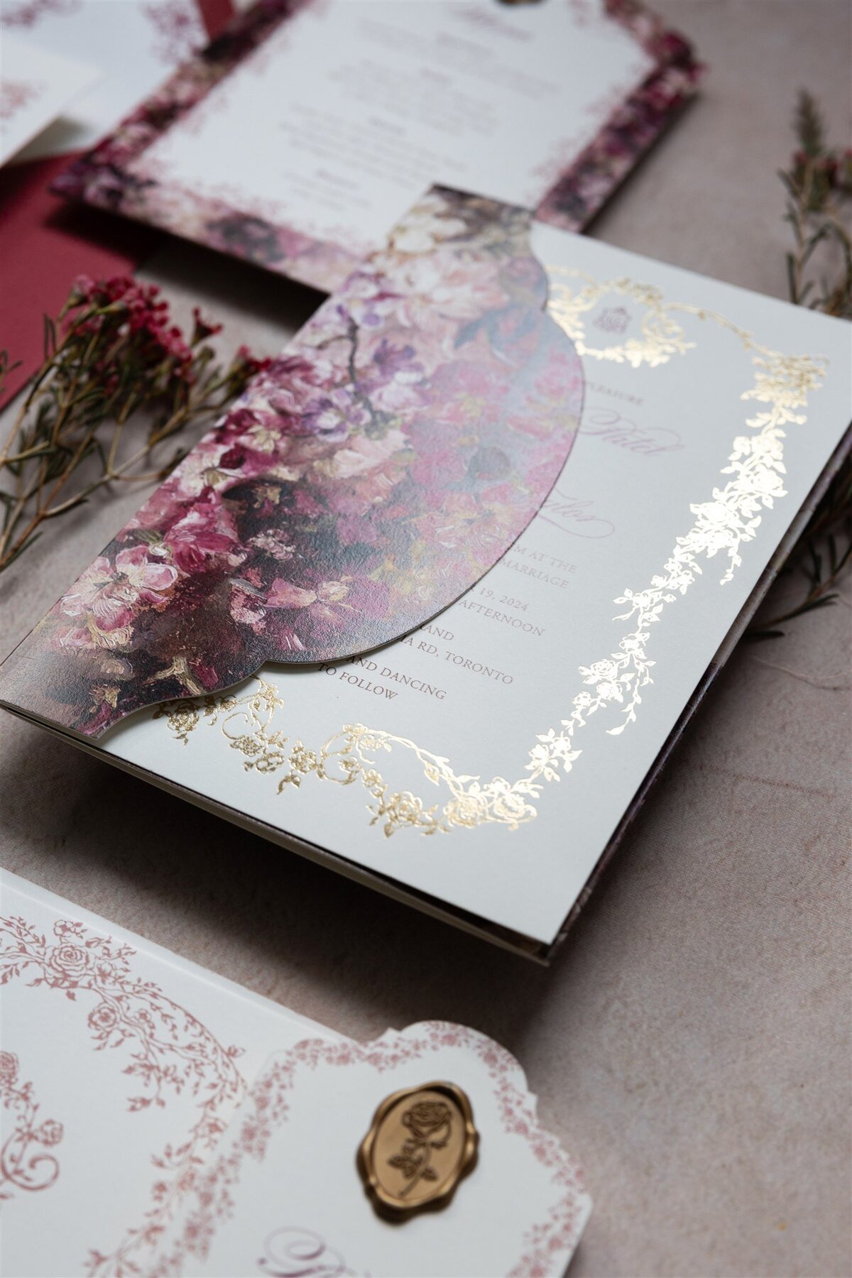 G Designers Burgundy Gold Foil Wedding Invitation 5