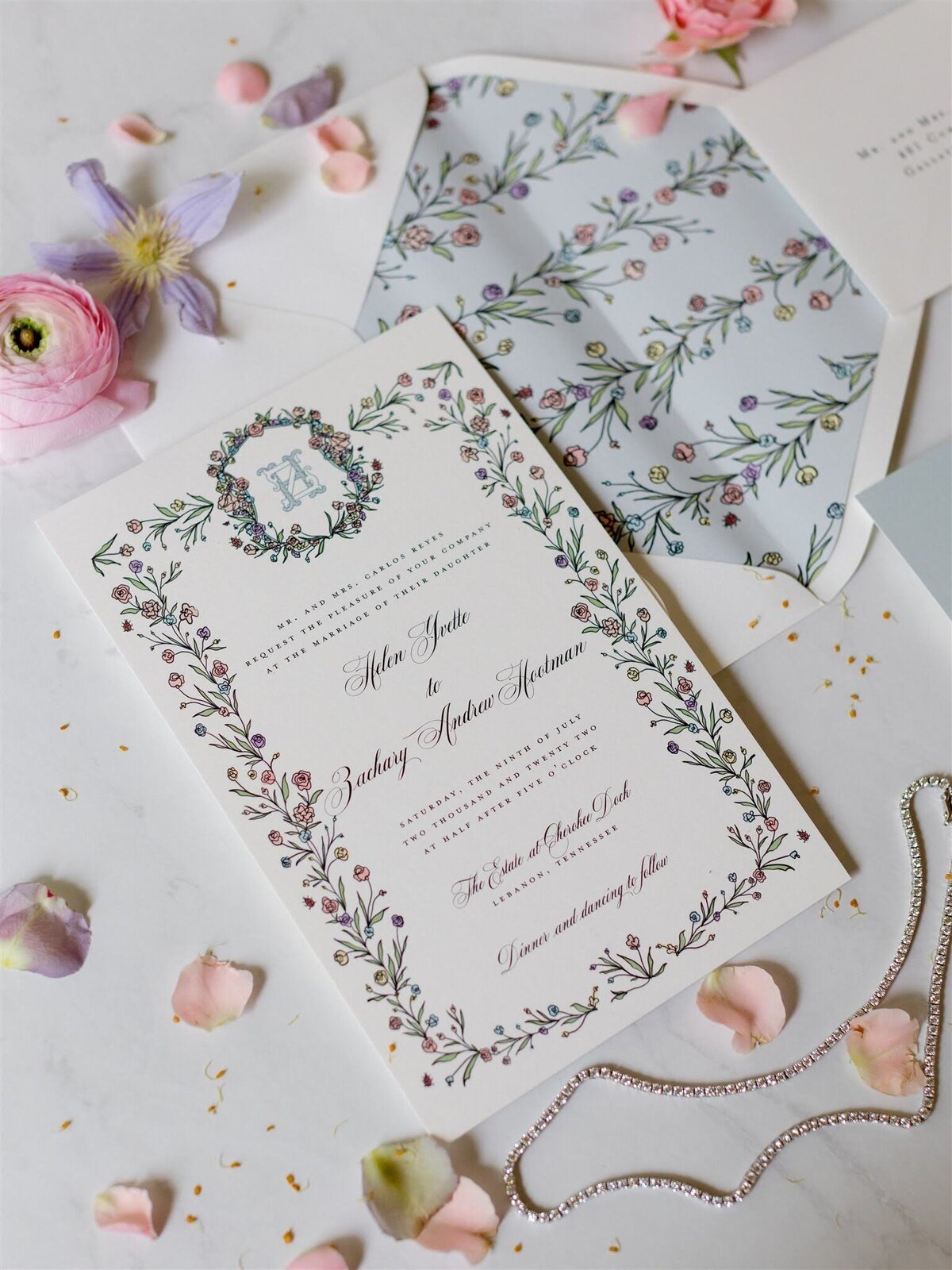 Floral wedding invitation floral liner