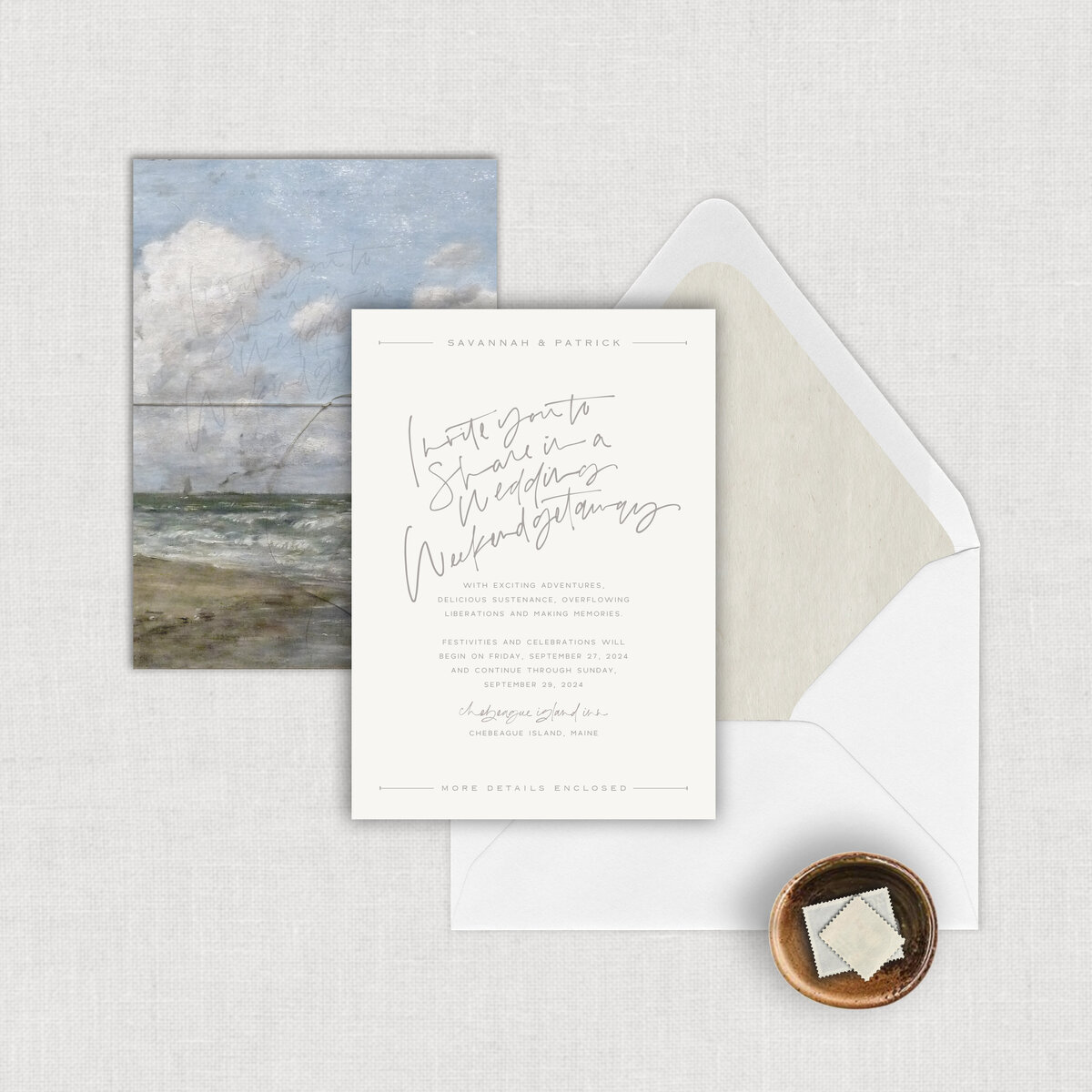 Weekend Wedding Getaway wedding calligraphy invitation with Japanese textured envelope liner.