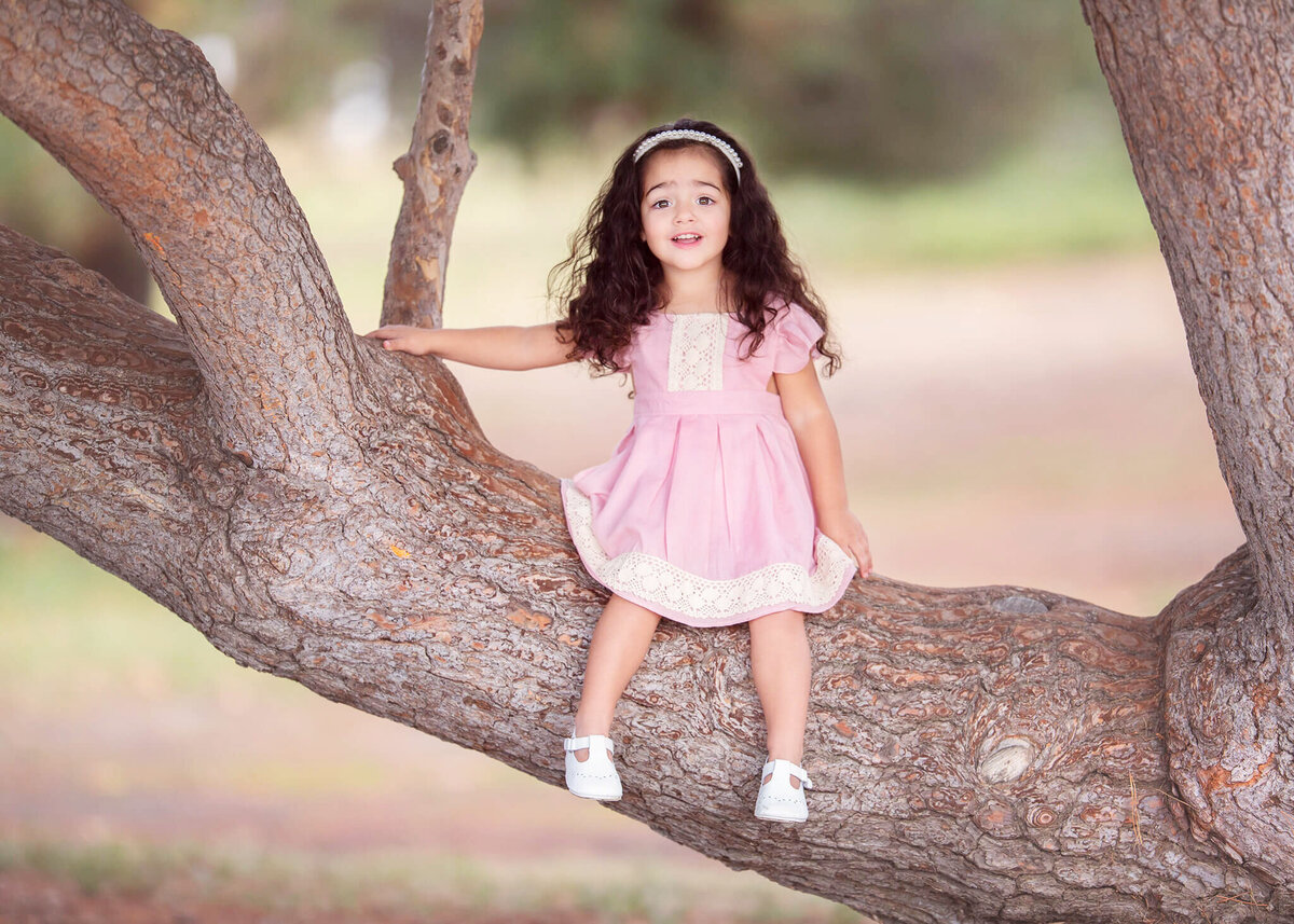 Little girl wearing a pink dress sitting in a tree at Lake Balboa Park