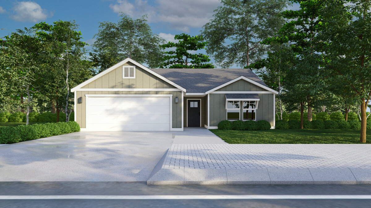 sage green house with brown door and white garage door
