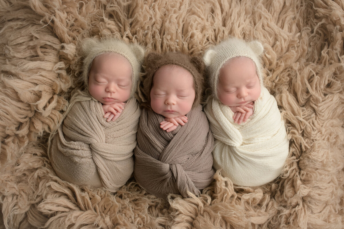 triplet newborns swaddled wearing bear bonnets