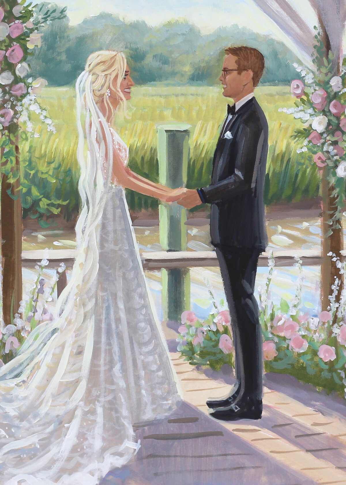 Close up of live wedding painting created by Charleston Live Wedding Painter, Ben Keys.  The Painting includes the beautiful marsh view from Boone Hall Plantation