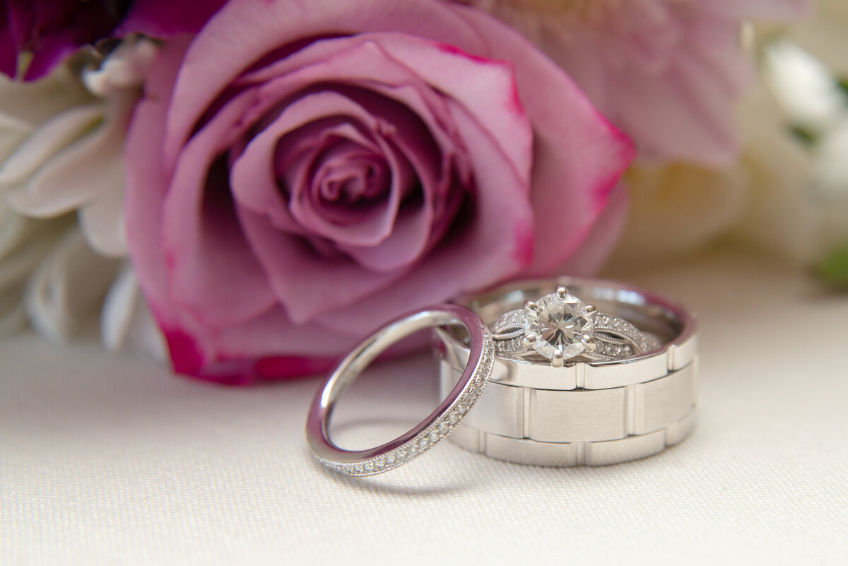 Wedding rings with bouquet at Spring Hill in South Berwick Maine