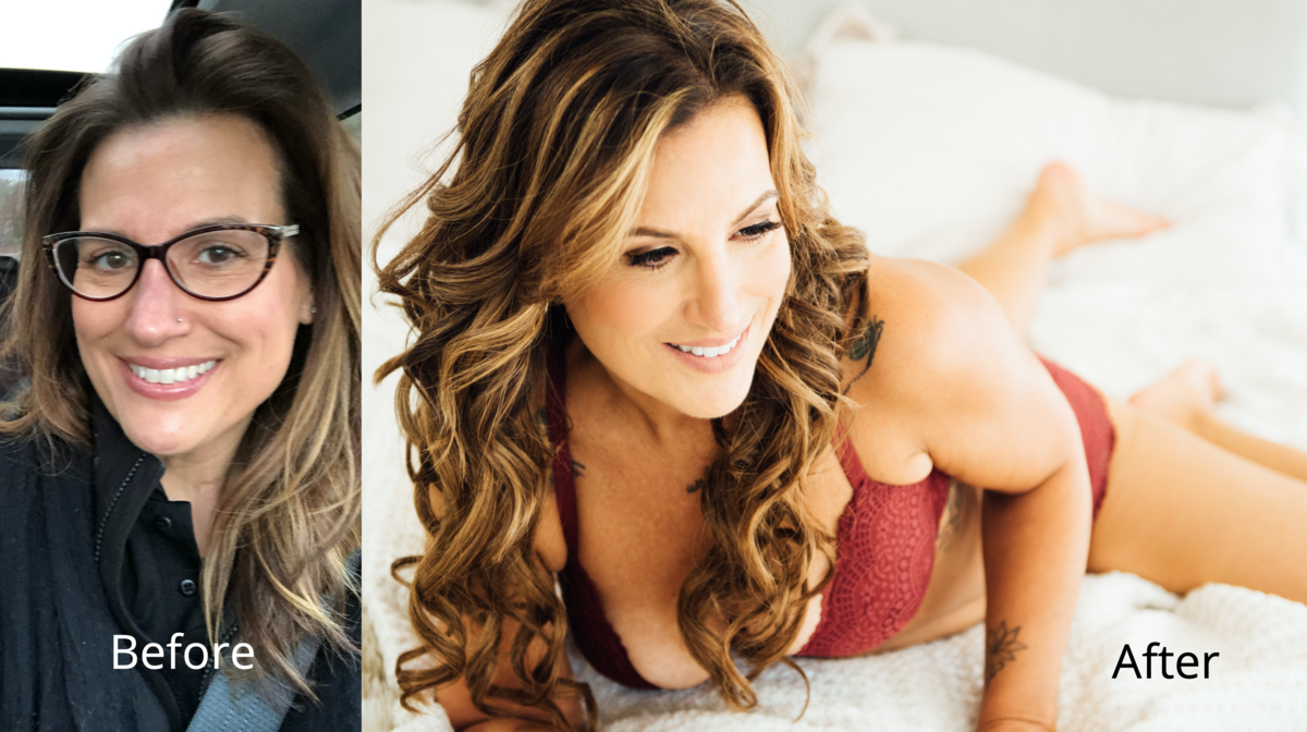 Woman before and after boudoir, with makeup and hair professionally done