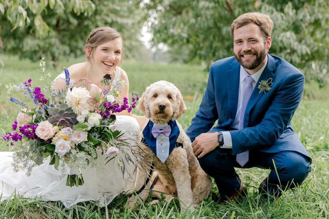 Bride and groom kneeling in the grass with their dog