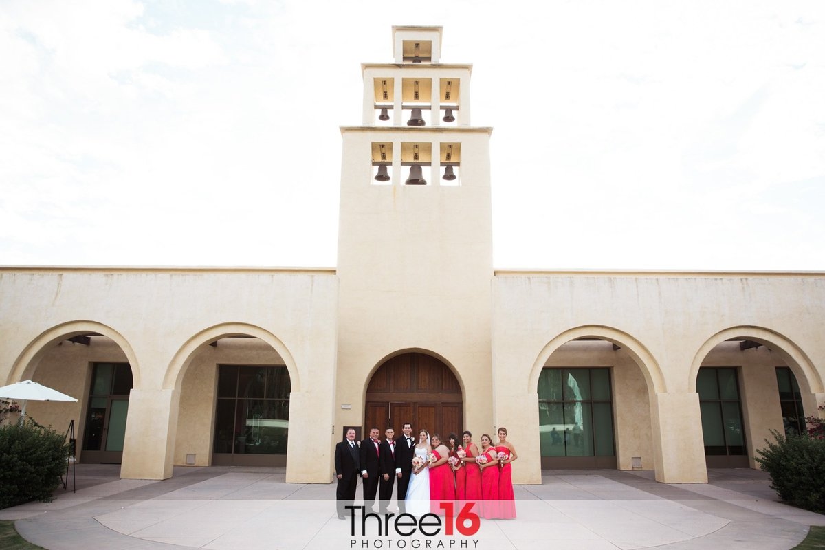 Wedding Party in front of the Bell Tower Community Center