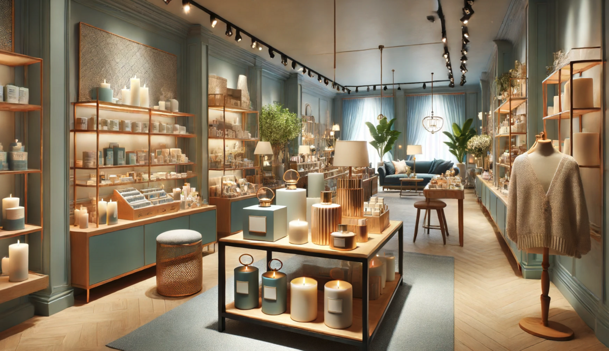 Retail store with luxury candles, clothing, and gifts