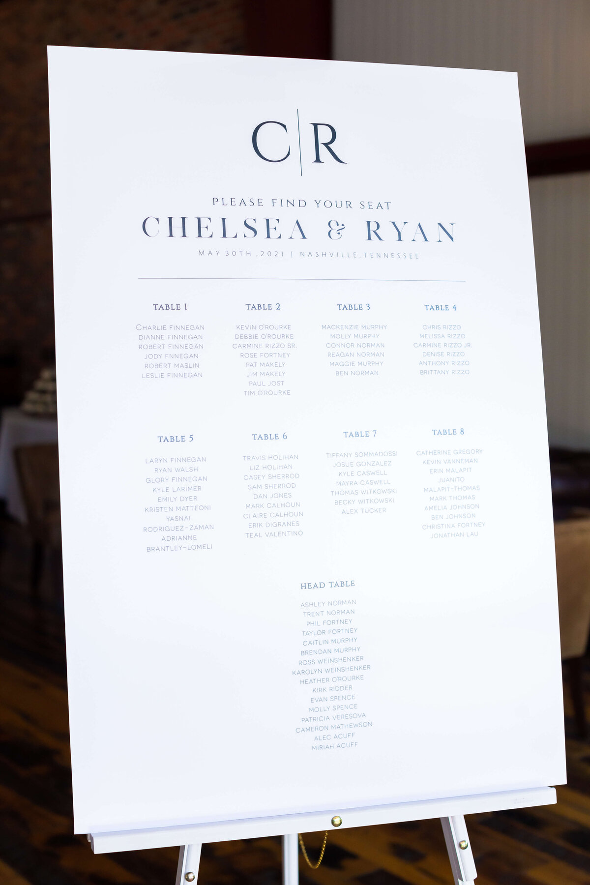 Seating chart displayed for Fat Bottom Brewery wedding in Nashville, TN