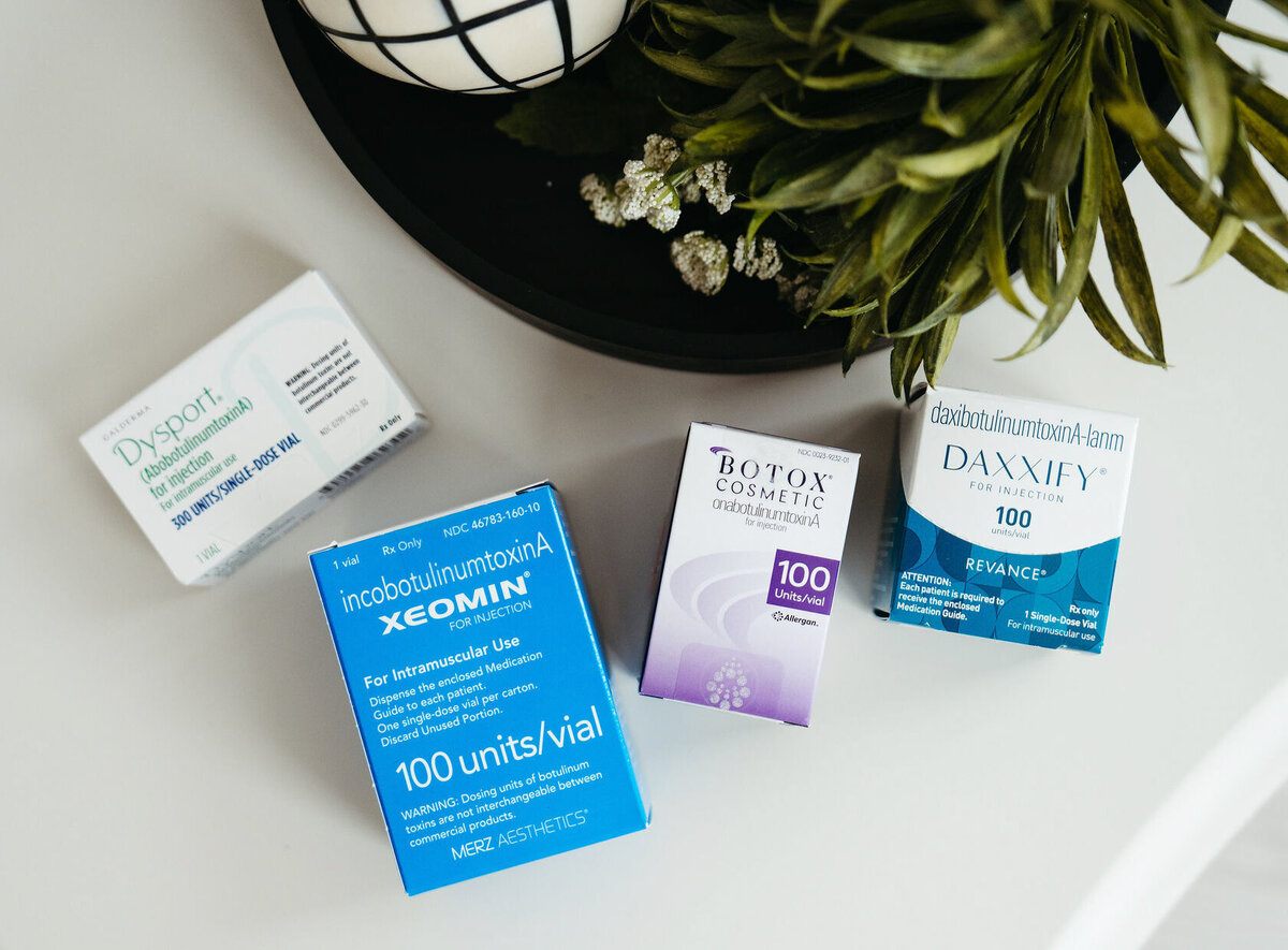 Product photography gallery featuring in-studio skincare and injectable offerings at Maxwell Aesthetics in Salem, Oregon. Includes medical-grade skincare lines like Epionce and Hydrinity, injectables such as Restylane and Sculptra