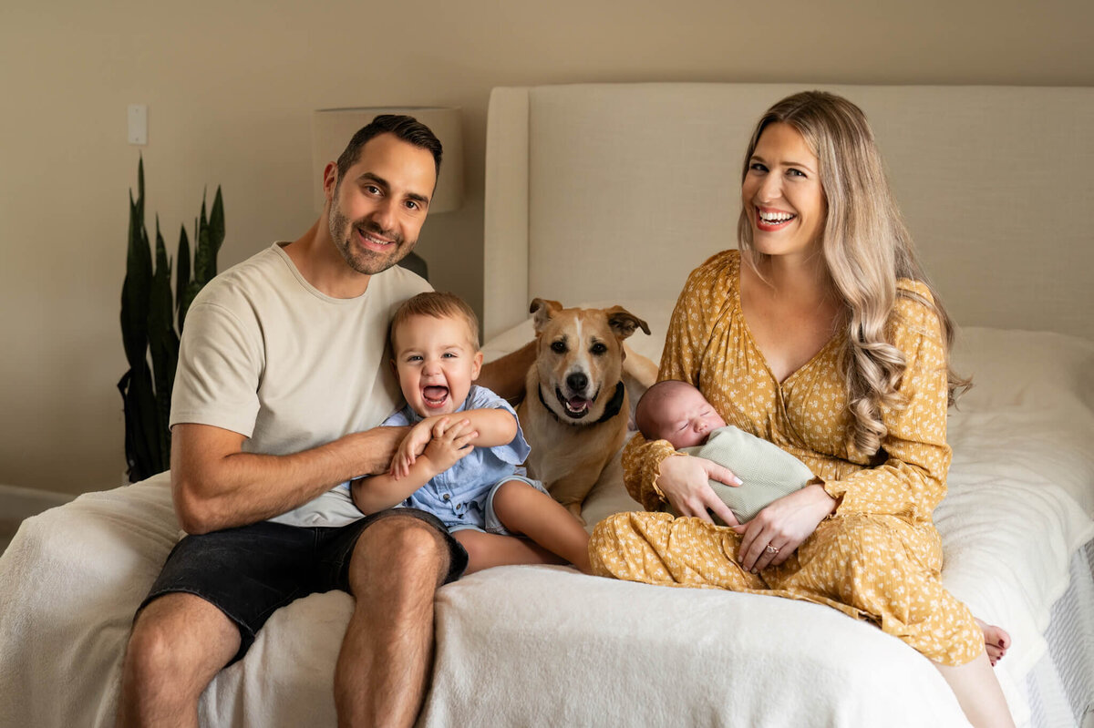 Family photos on a bed