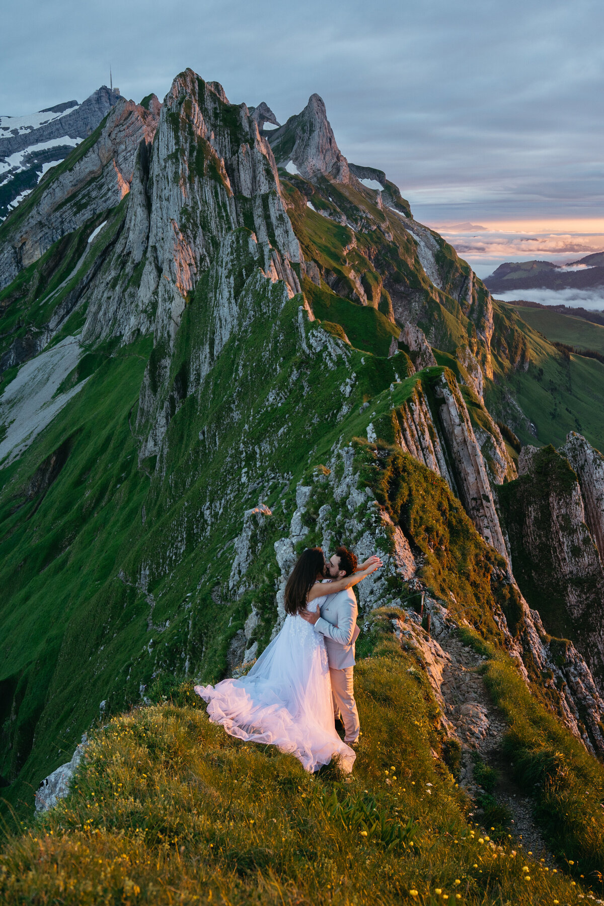 Beautiful sunset with eloping couple in Switzerland