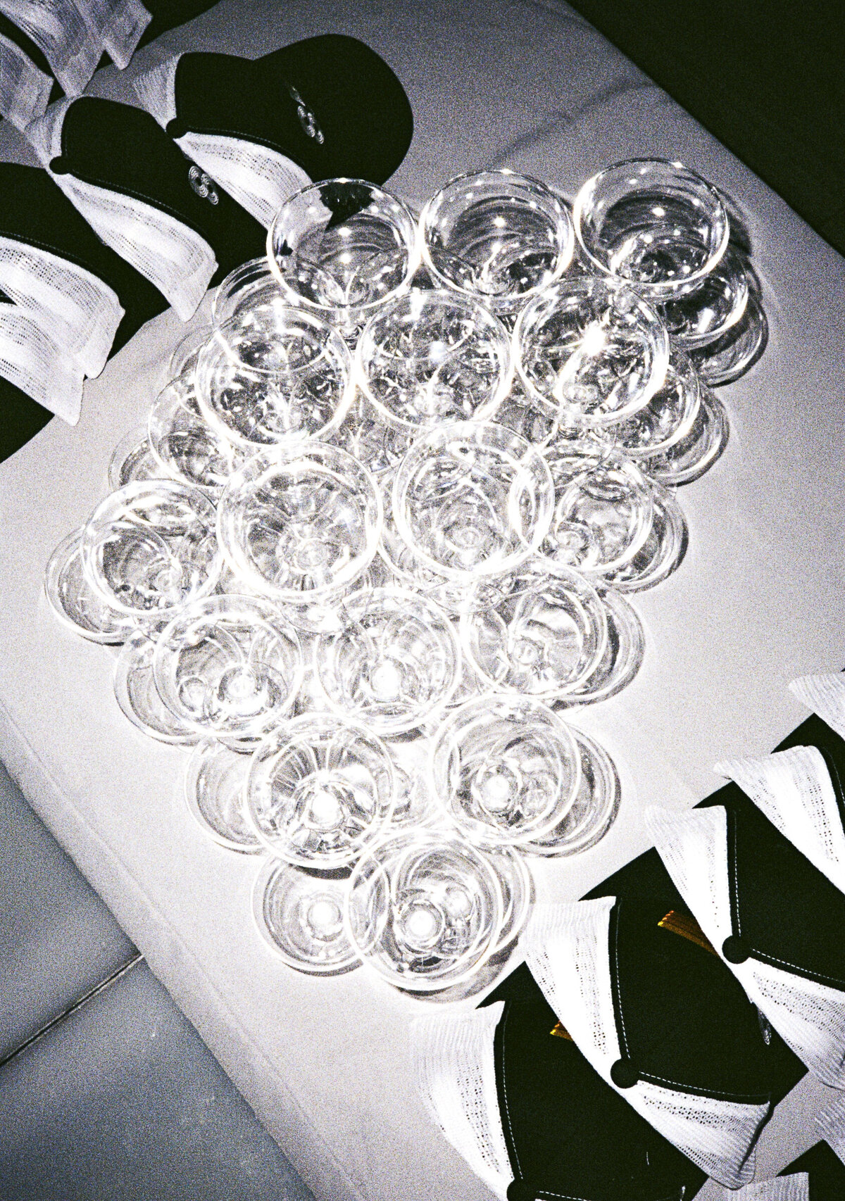 Photo of champagne tower on film in private backyard party by Mira Park Photography NY based wedding photographer