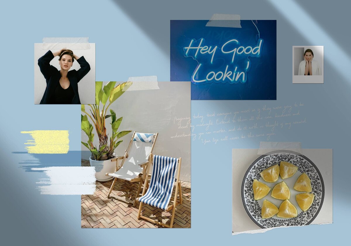A blue-themed collage with a bright blue neon sign saying 'Hey Good Lookin' taped to a wall, two striped outdoor chairs on a patio, a woman in a black jacket, a small polaroid-style photo of a woman, a plate of yellow sliced fruit, a potted plant, and abstract paint strokes. The collage is set against a light blue background.
