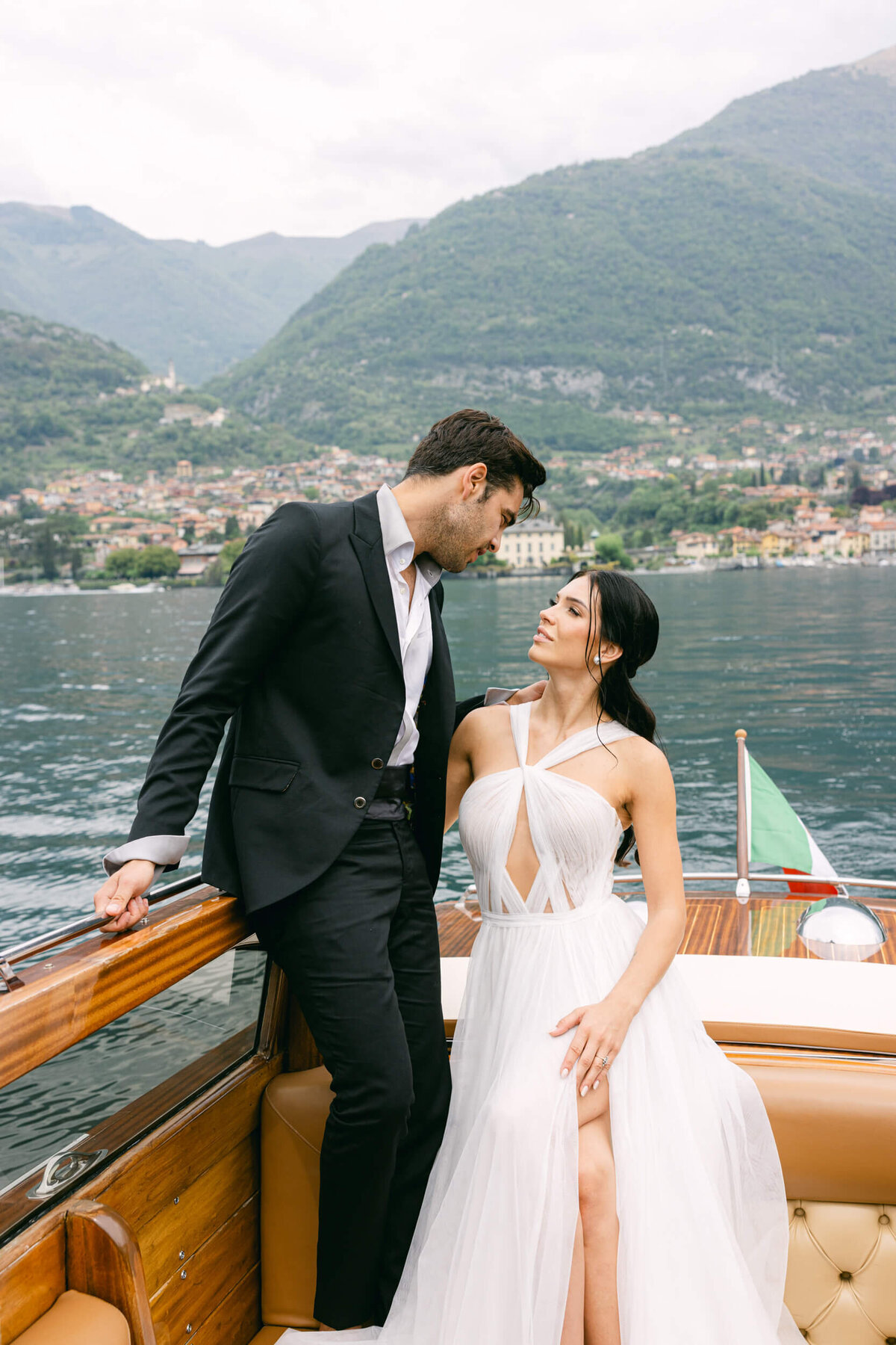 A wedding photo of the couple at Villa Balbiano on Lake Como in Italy