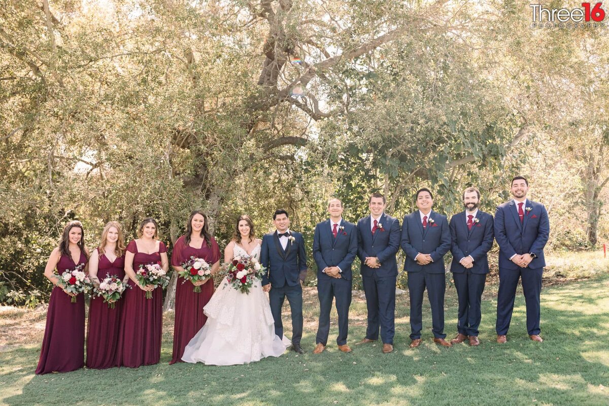 Bride and Groom pose with their wedding party at an outdoor setting