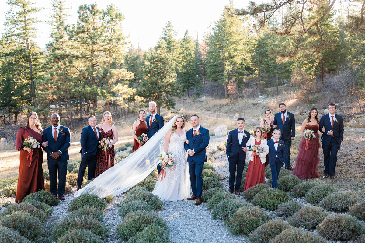 A bride and groom stand in the center surrounded by their wedding party staggered on either side. The bride's veil floats in the wind.