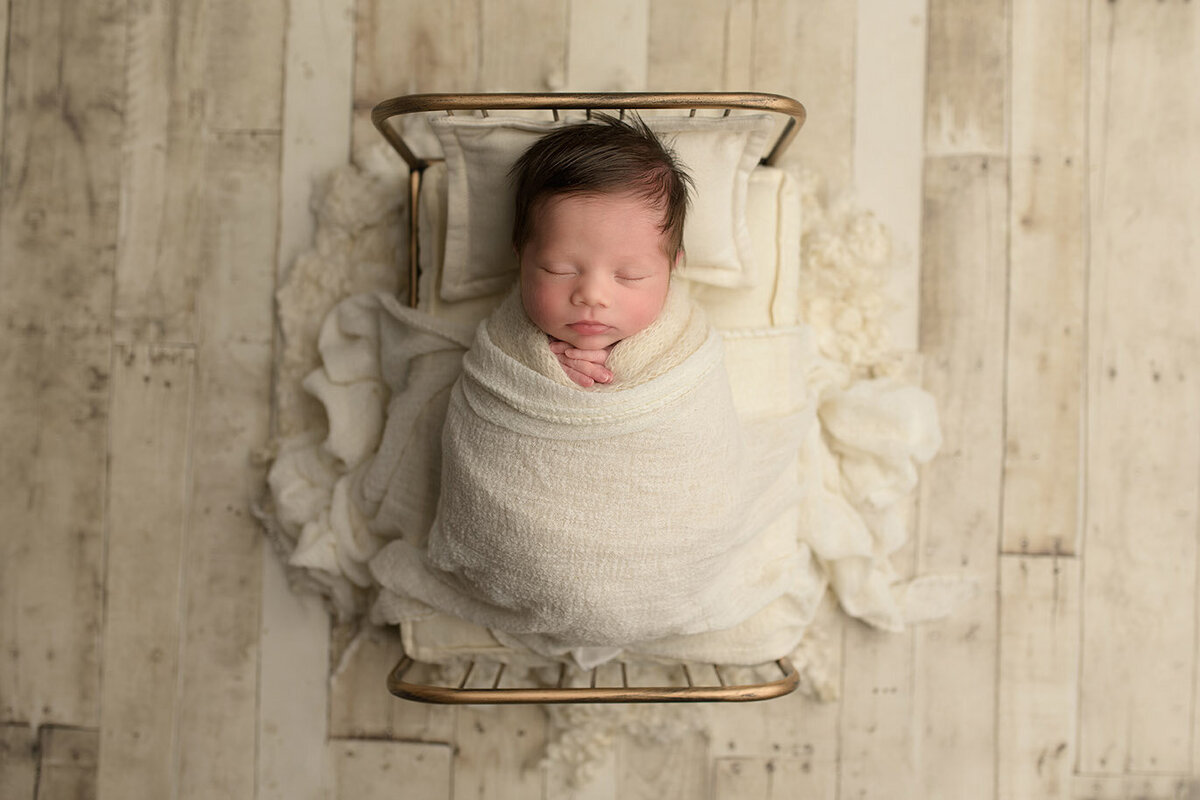 newborn photoshoot with tiny bed