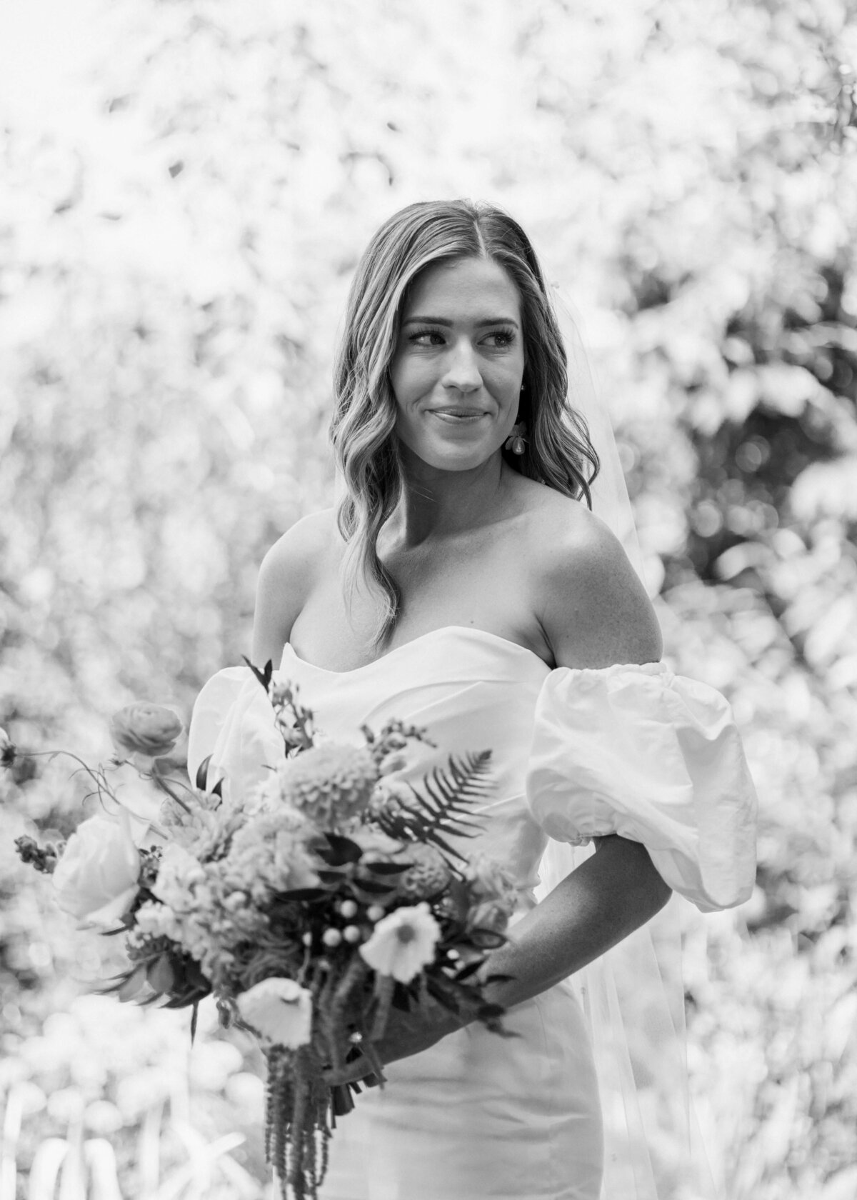 Black and white bridal portrait of bride