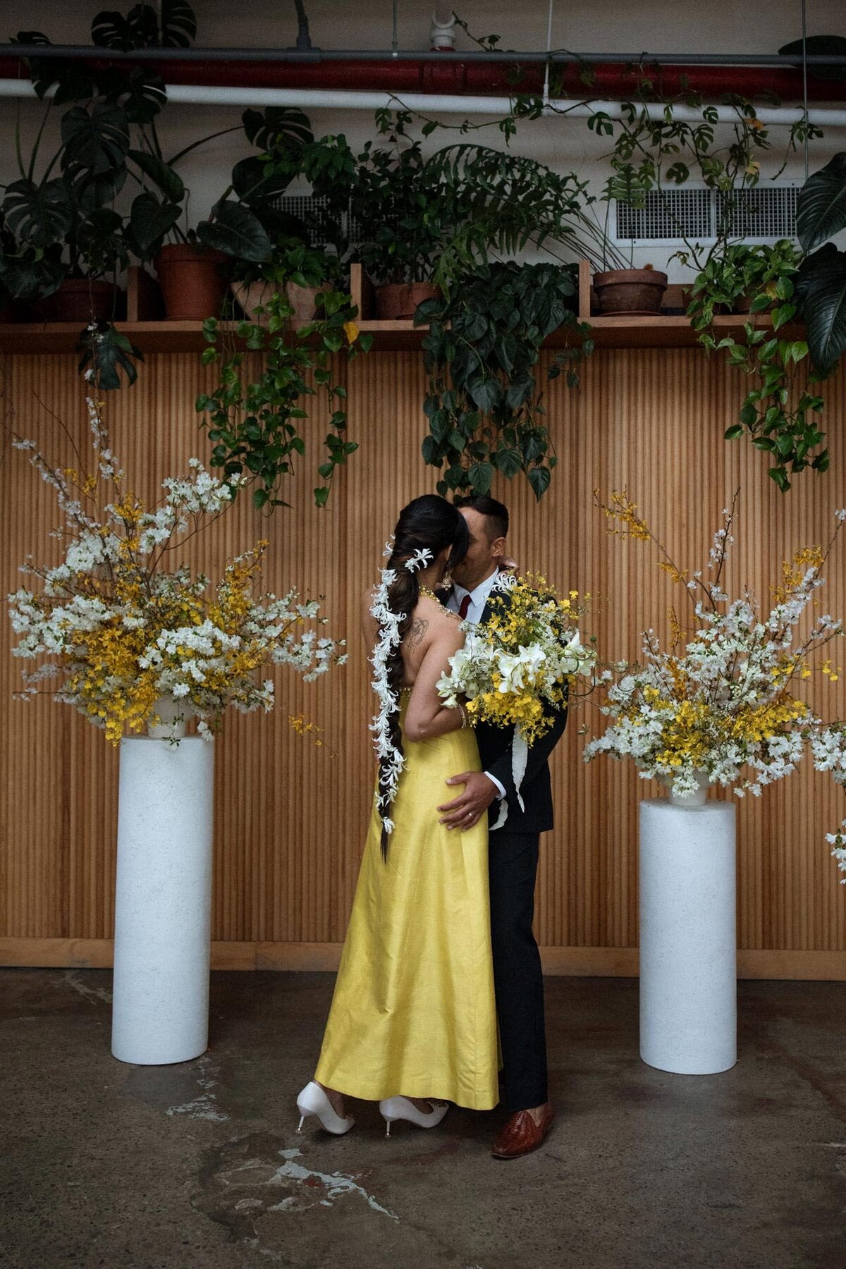 rule of thirds brooklyn wedding inspiration with yellow vintage dress and floral braid