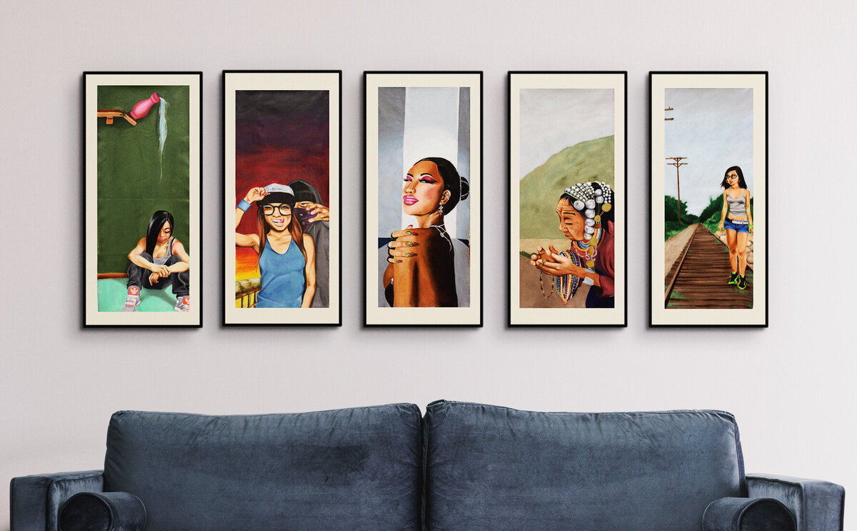 Five banner paintings that tell different stories one woman faces