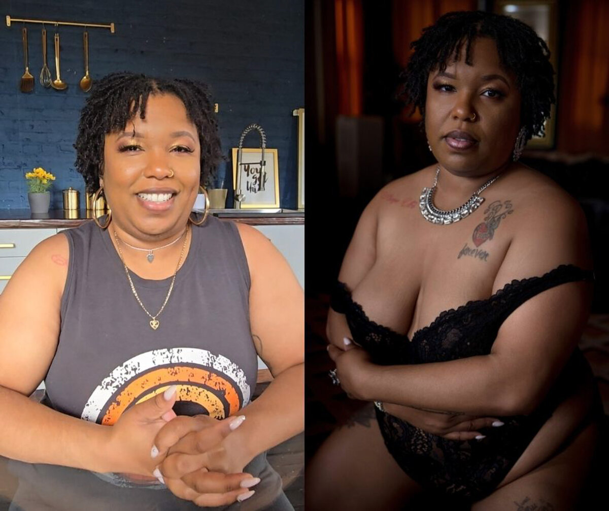 A woman in a grey tank top sitting at a counter smiling next to her during her session in a black lace bodysuit kneeling in a studio