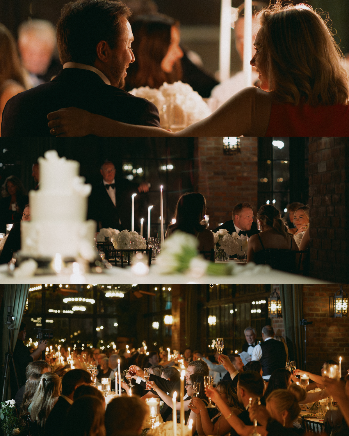 Evening wedding reception filled with candlelight, toasts, and elegant decor in a brick-walled NYC venue, capturing the joyful and emotional moments shared between guests and newlyweds