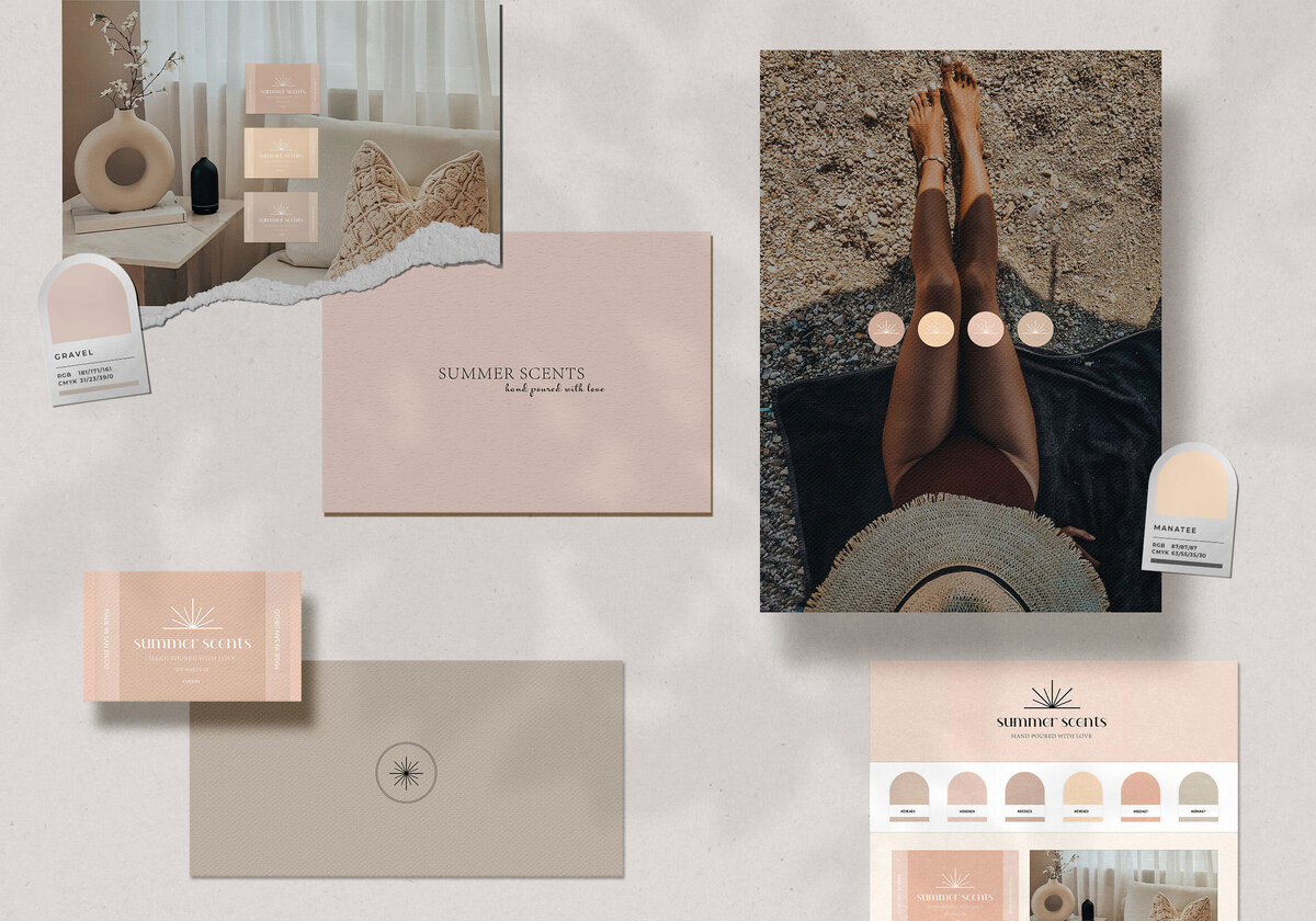 Modern branding for a candle business, featuring earthy tones and minimalist typography.