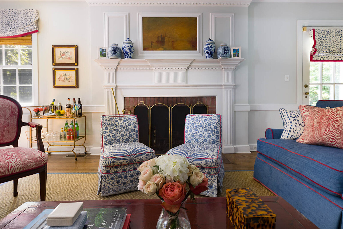 red and blue living room long island interior photographer